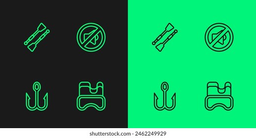 Set line Diving mask, Fishing hook, Oars or paddles boat and Speaker mute icon. Vector