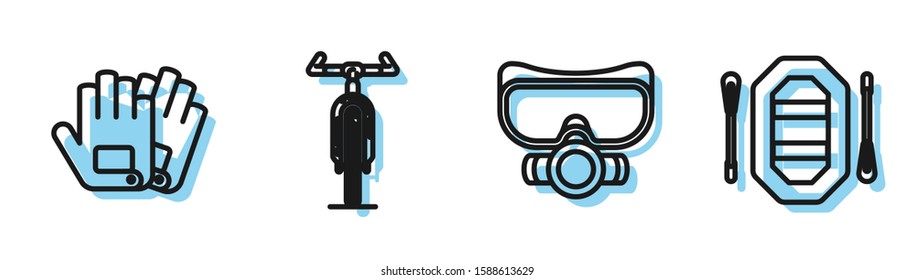 Set line Diving mask, Gloves, Bicycle and Rafting boat icon. Vector