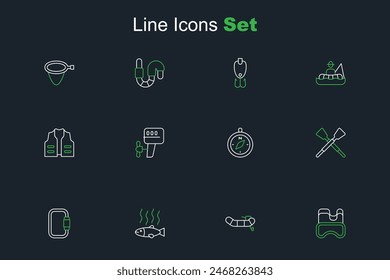 Set line Diving mask, Inflatable boat with motor, Dead fish, Carabiner, Crossed oars paddles, Compass, Outboard and Fishing jacket icon. Vector