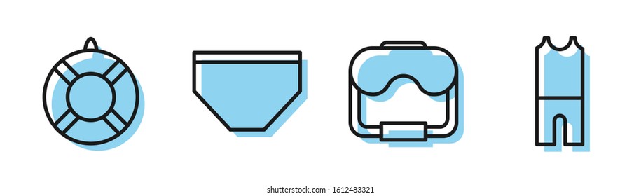 Set line Diving mask, Lifebuoy, Swimming trunks and Wetsuit for scuba diving icon. Vector