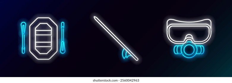 Set line Diving mask, Rafting boat and Surfboard icon. Glowing neon. Vector