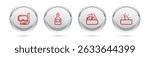 Set line Diving mask and snorkel, Rum bottle, Sinking cruise ship and Shark fin ocean wave. Silver circle button. Vector