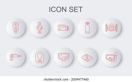 Línea Máscara de buceo con tubo, Arpón de pesca, linterna para bucear, Flippers natación, Escala de indicadores, Buceo con traje de baño, Caqueta de vida e icono. Vector