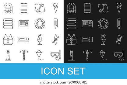 Set line Diving mask and snorkel, Kayak canoe paddle, Ice cream, Rubber flippers, Passport with visa stamp, Towel stack, Rafting boat and swimming ring icon. Vector
