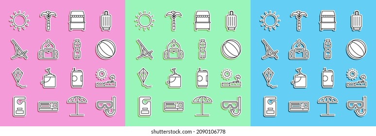 Set line Diving mask and snorkel, Beach with umbrella chair, ball, Street stall awning, Hiking backpack, Sunbed,  and Bottle of water icon. Vector