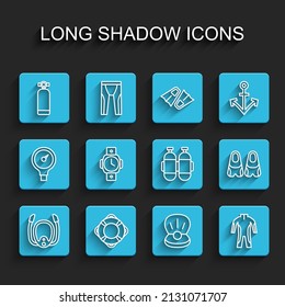 Set line Diving mask with snorkel, Lifebuoy, Aqualung, Pearl, Wetsuit for scuba diving, watch, Flippers swimming and icon. Vector