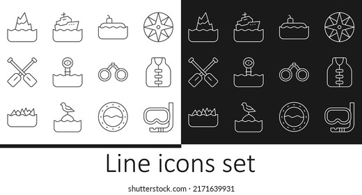Set line Diving mask and snorkel, Life jacket, Submarine, Periscope, Paddle, Iceberg, Binoculars and Cruise ship icon. Vector