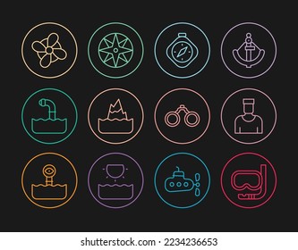 Set line Diving mask and snorkel, Sailor captain, Compass, Iceberg, Periscope, Boat propeller, Binoculars and Wind rose icon. Vector