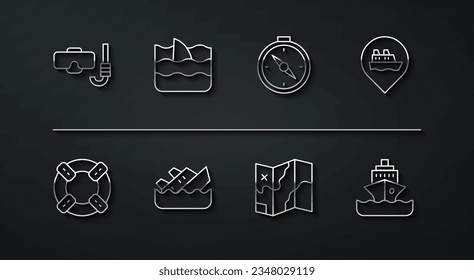 Set line Diving mask and snorkel, Lifebuoy, Location with cruise ship, Folded map, Sinking, Shark fin ocean wave, Cruise and Compass icon. Vector