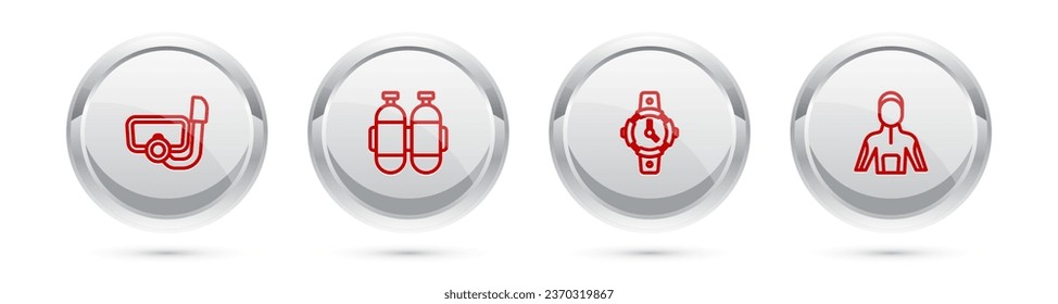 Set line Diving mask with snorkel, Aqualung, watch and Wetsuit for scuba diving. Silver circle button. Vector