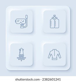 Set line Diving mask and snorkel, Aqualung, Octopus and Wetsuit. White square button. Vector