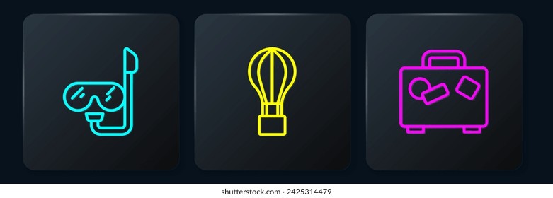 Set line Diving mask and snorkel, Suitcase and Hot air balloon. Black square button. Vector