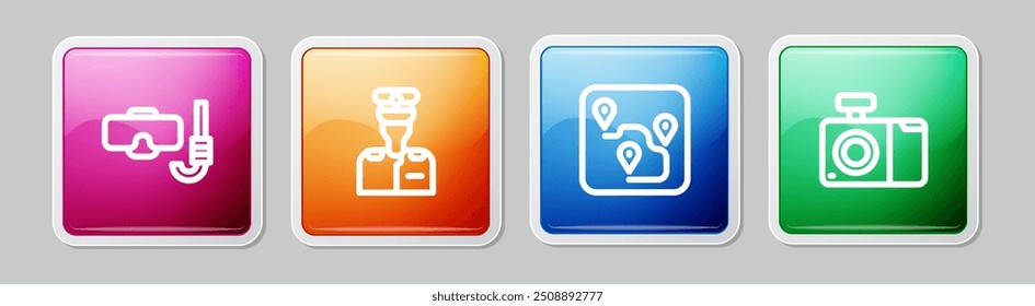 Set line Diving mask and snorkel, Captain of ship, Route location and Photo camera. Colorful square button. Vector