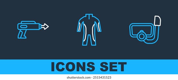 Set line Diving mask with snorkel, Fishing harpoon and Wetsuit for scuba diving icon. Vector