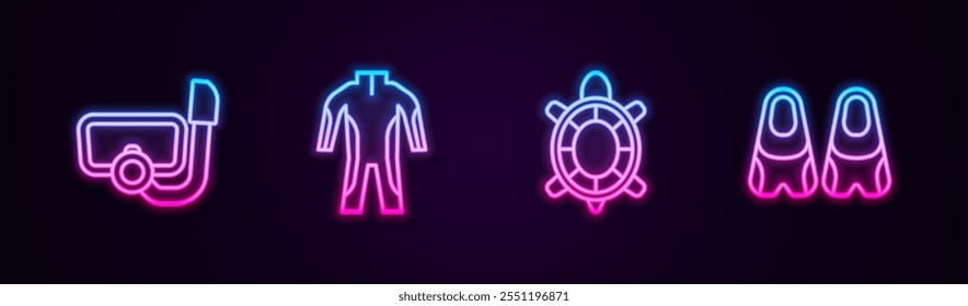 Máscara de buceo de línea con snorkel, traje de neopreno para buceo, tortuga y Flippers natación. Icono de neón brillante. Vector