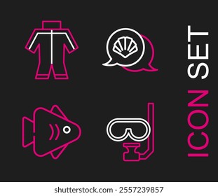 Set line Diving mask and snorkel, Fish, Scallop sea shell and Wetsuit icon. Vector