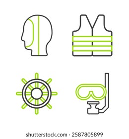 Set line Diving mask and snorkel, Ship steering wheel, Life jacket and hood icon. Vector