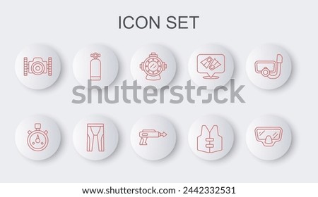 Set line Diving mask, Stopwatch, Aqualung, Life jacket, Photo camera for diver, Wetsuit scuba diving and Fishing harpoon icon. Vector