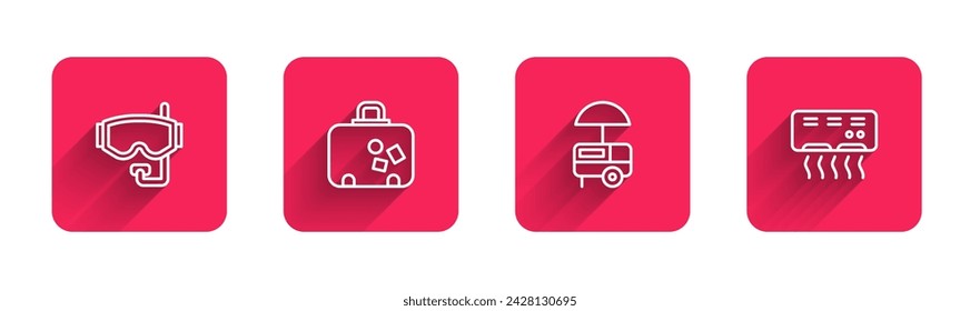 Set line Diving mask, Suitcase, Fast street food cart and Air conditioner with long shadow. Red square button. Vector