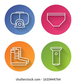 Set line Diving mask, Swimming trunks, Boots and Flashlight. Color circle button. Vector