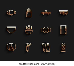Set line Diving mask, Swiss army knife, Fish, Rubber flippers for swimming, Gauge scale, Aqualung, Underwater note book and pencil and watch icon. Vector