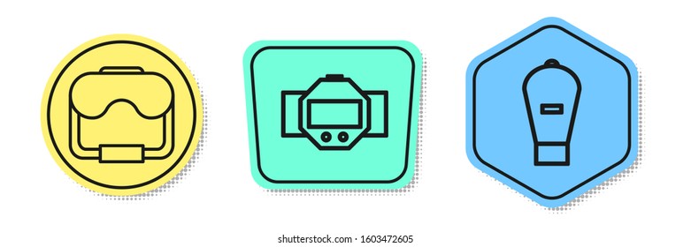 Set line Diving mask, Diving watch and Lift bag. Colored shapes. Vector