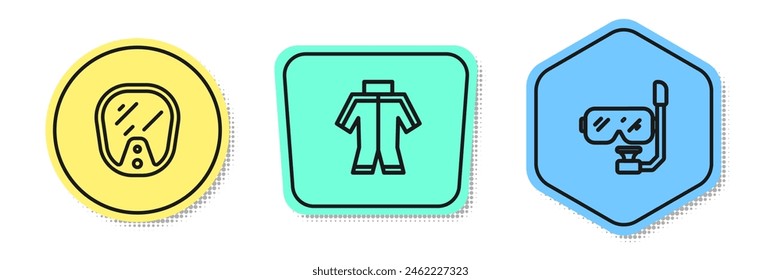Set line Máscara de buceo, Traje de buceo y snorkel. Formas de colores. Vector