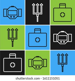 Set line Diving watch, First aid kit and Neptune Trident icon. Vector