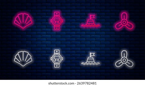 Set line Diving watch, Floating buoy on the sea, Scallop shell and Boat propeller, turbine. Glowing neon icon on brick wall. Vector