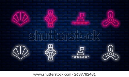 Set line Diving watch, Floating buoy on the sea, Scallop shell and Boat propeller, turbine. Glowing neon icon on brick wall. Vector