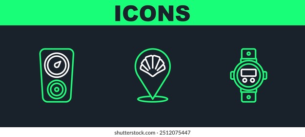 Set line Diving watch, Gauge scale and Scallop sea shell icon. Vector