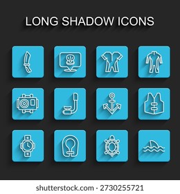 Set line Diving watch, Life jacket, knife, Turtle, Shark, Snorkel,  and Anchor icon. Vector