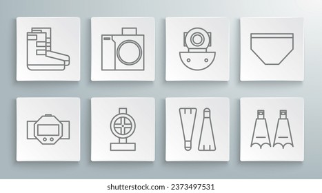 Set line Diving watch, Photo camera for diver, Industry metallic pipes and valve, Rubber flippers swimming, Aqualung, Swimming trunks and Boots icon. Vector