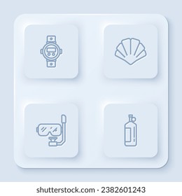 Set line Diving watch, Scallop sea shell, mask and snorkel and Aqualung. White square button. Vector