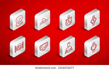 Set line Diving watch, Shark, Stopwatch, Wetsuit for scuba diving, Pearl, mask and Photo camera diver icon. Vector