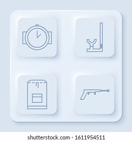 Set line Diving watch, Snorkel, Backpack and Fishing harpoon. White square button. Vector