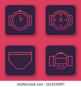 Set line Diving watch, Swimming trunks, Wind rose and Diving watch. Blue square button. Vector