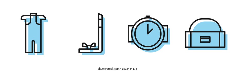 Set line Diving watch, Wetsuit for scuba diving, Snorkel and Case or box container for wobbler icon. Vector