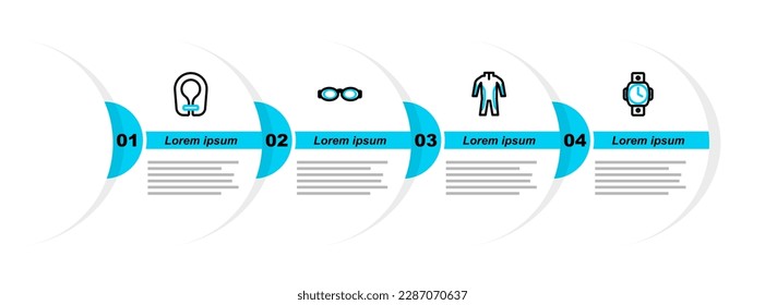 Set line Diving watch, Wetsuit for scuba diving, Glasses swimming and Life jacket icon. Vector
