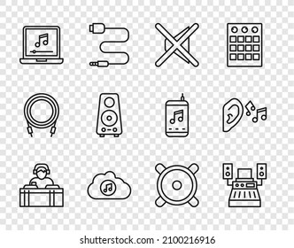 Set line DJ playing music, Music recording studio, Speaker mute, streaming service, Laptop with note, Stereo speaker,  and Ear listen sound signal icon. Vector