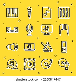 Set Line DJ Playing Music, Music Player, Air Headphones, MP3 File Document, Microphone, Home Stereo With Two Speakers, Synthesizer And Note, Tone Icon. Vector