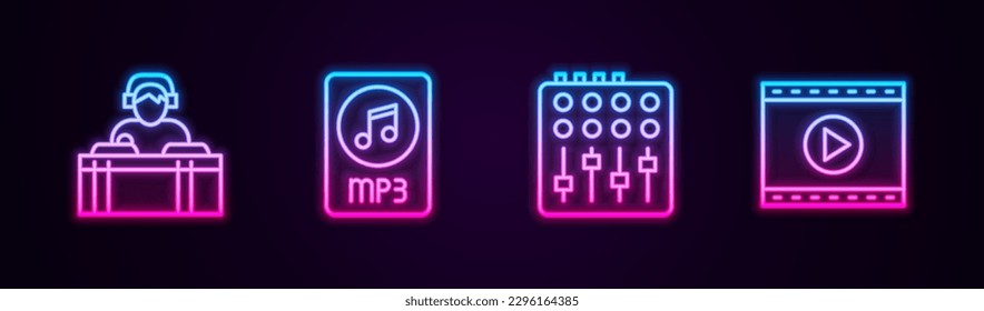 Set line DJ playing music, MP3 file document, Sound mixer controller and Online video. Glowing neon icon. Vector