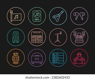 Set line DJ playing music, Music recording studio, Electric bass guitar, Home stereo with speakers, Stereo, festival flag, Microphone stand and MP3 file document icon. Vector