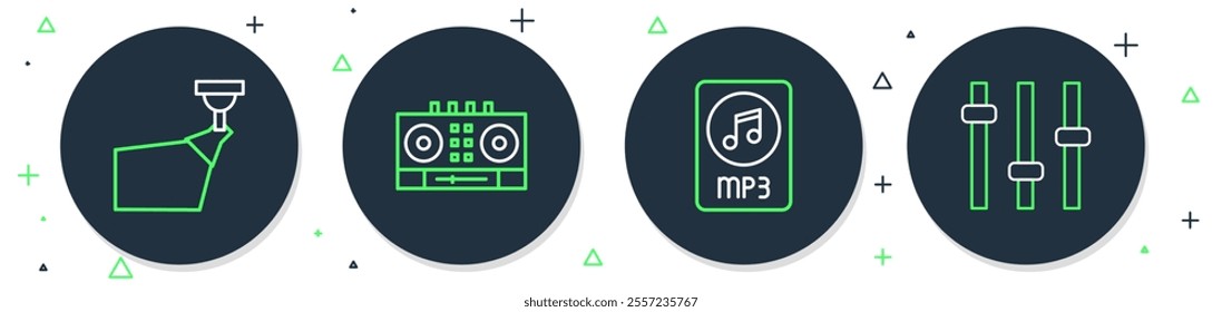 Set line DJ remote and mixing music, MP3 file document, Movie spotlight and Music equalizer icon. Vector