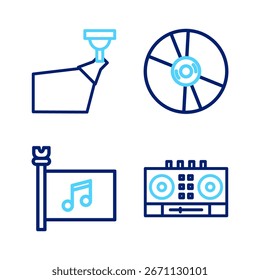 Definir a linha DJ remoto e mixagem de música, Bandeira do festival de música, CD ou DVD disco e ícone de destaque do filme. Vetor