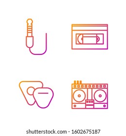 Set line DJ remote for playing and mixing music, Guitar pick, Audio jack and VHS video cassette tape. Gradient color icons. Vector