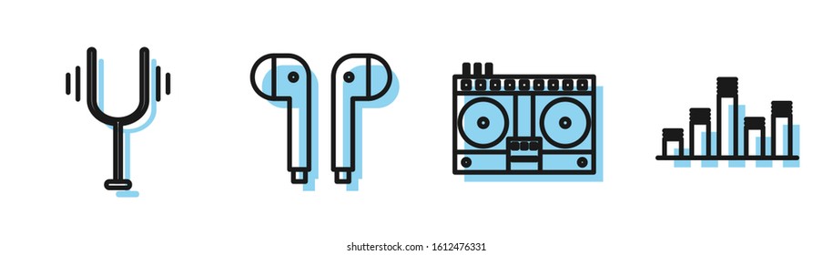 Set line DJ remote for playing and mixing music, Musical tuning fork, Air headphones and Music equalizer icon. Vector