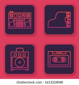Set line DJ remote for playing and mixing music, Guitar amplifier, Grand piano and Retro audio cassette tape. Blue square button. Vector