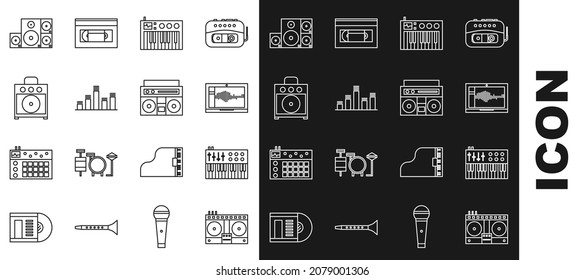 Set line DJ remote for playing and mixing music, Music synthesizer, Sound audio recorder on laptop, equalizer, Guitar amplifier, Stereo speaker and Home stereo with two speakers icon. Vector