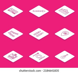 Set Line DJ Remote For Playing And Mixing Music, Firework Rocket, Cake, Carnival Garland With Flags, Birthday Cake Candles, Alcohol Beer Bar Location, Photo Camera And Plate, Fork Knife Icon. Vector